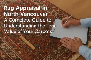 Handwoven Persian rug with bold red and navy geometric medallions, photographed for rug appraisal in North Vancouver.