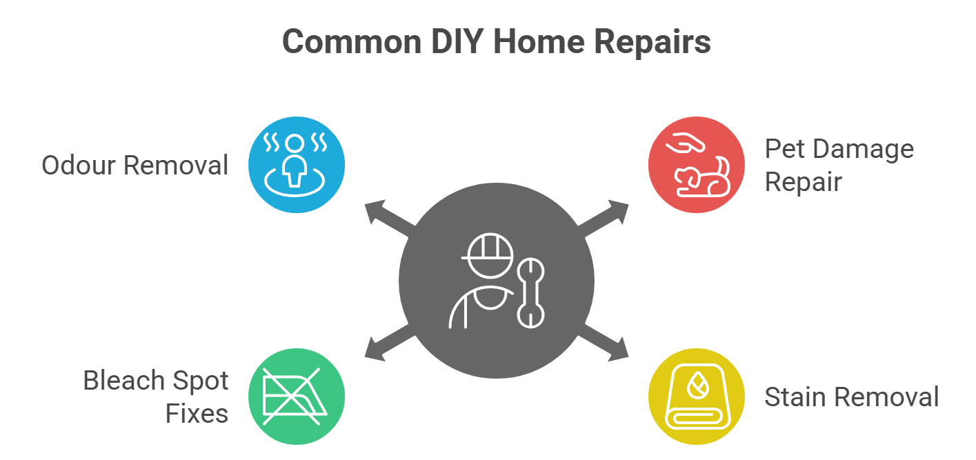 Infographic showing common DIY carpet repair attempts including odour removal, pet damage repair, stain removal, and bleach spot fixes.