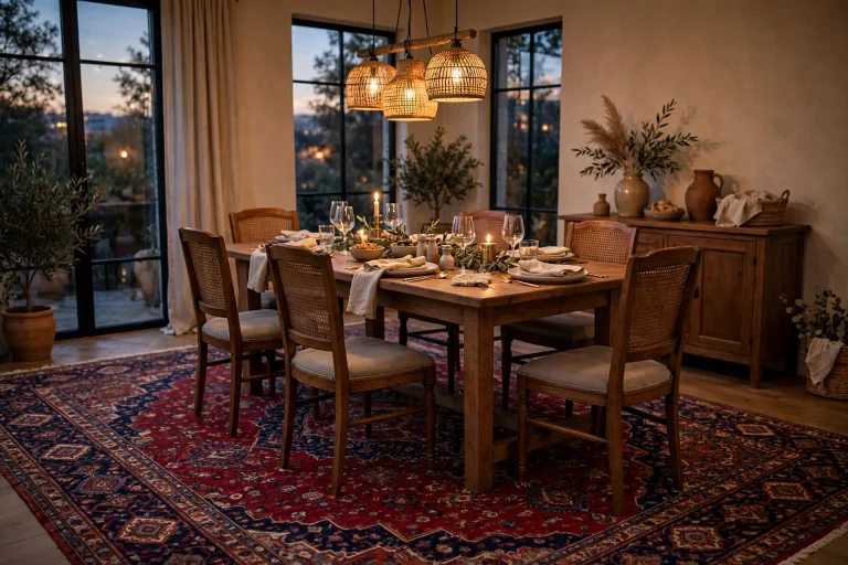 Persian rug under a wooden dining table in a dining room