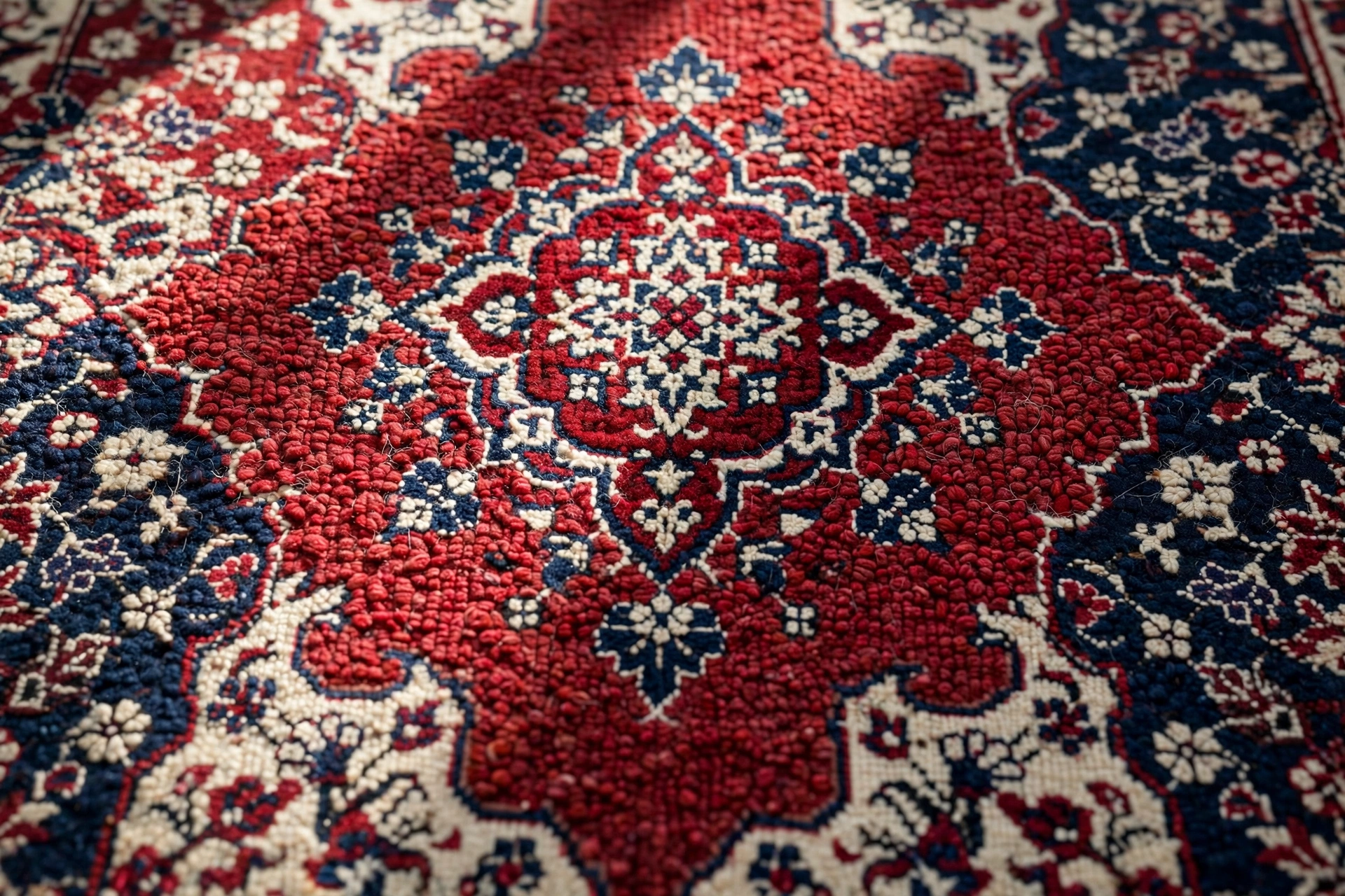 Close-up of a hand-knotted Persian rug pattern