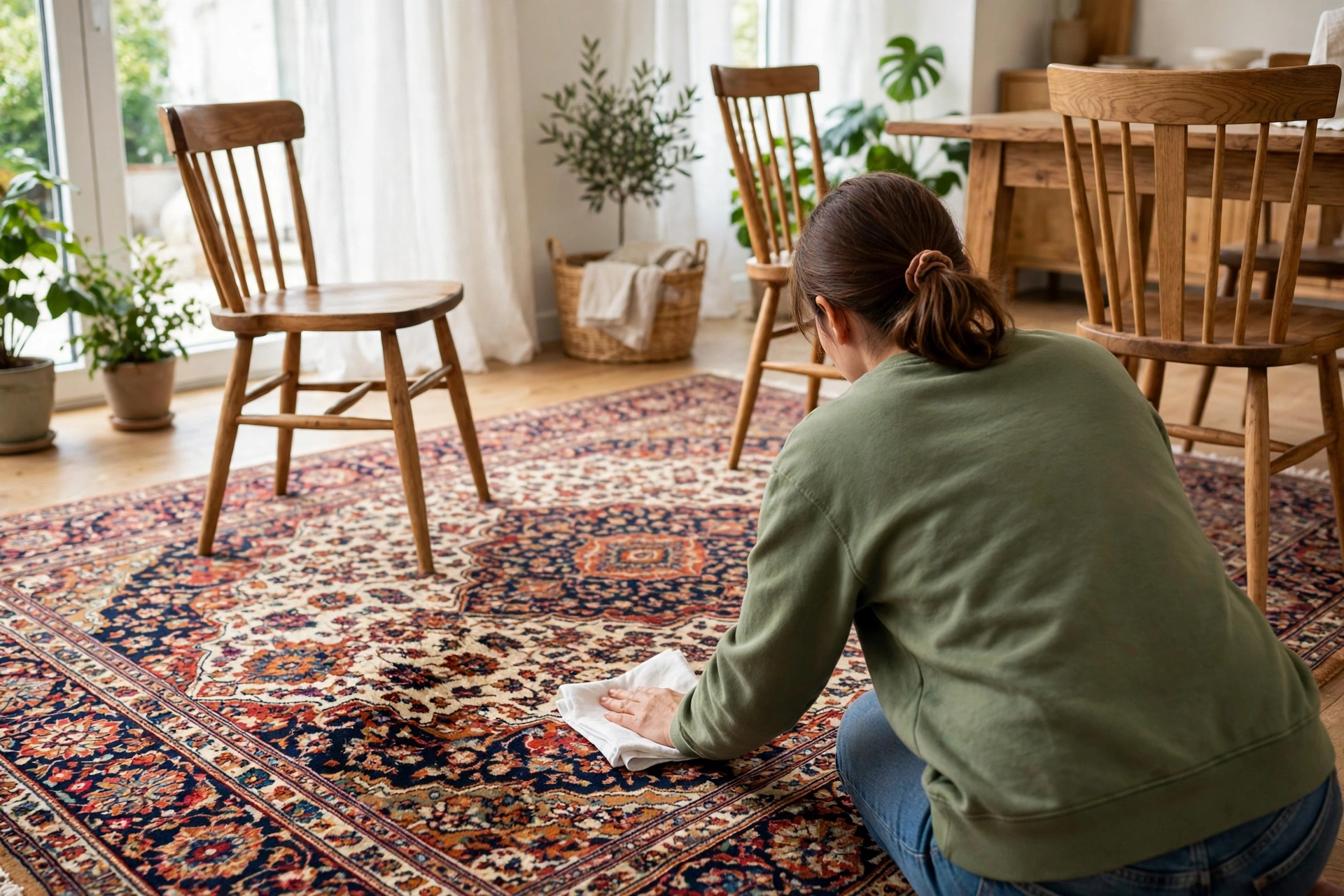Blotting a Persian rug with a cloth after a spill